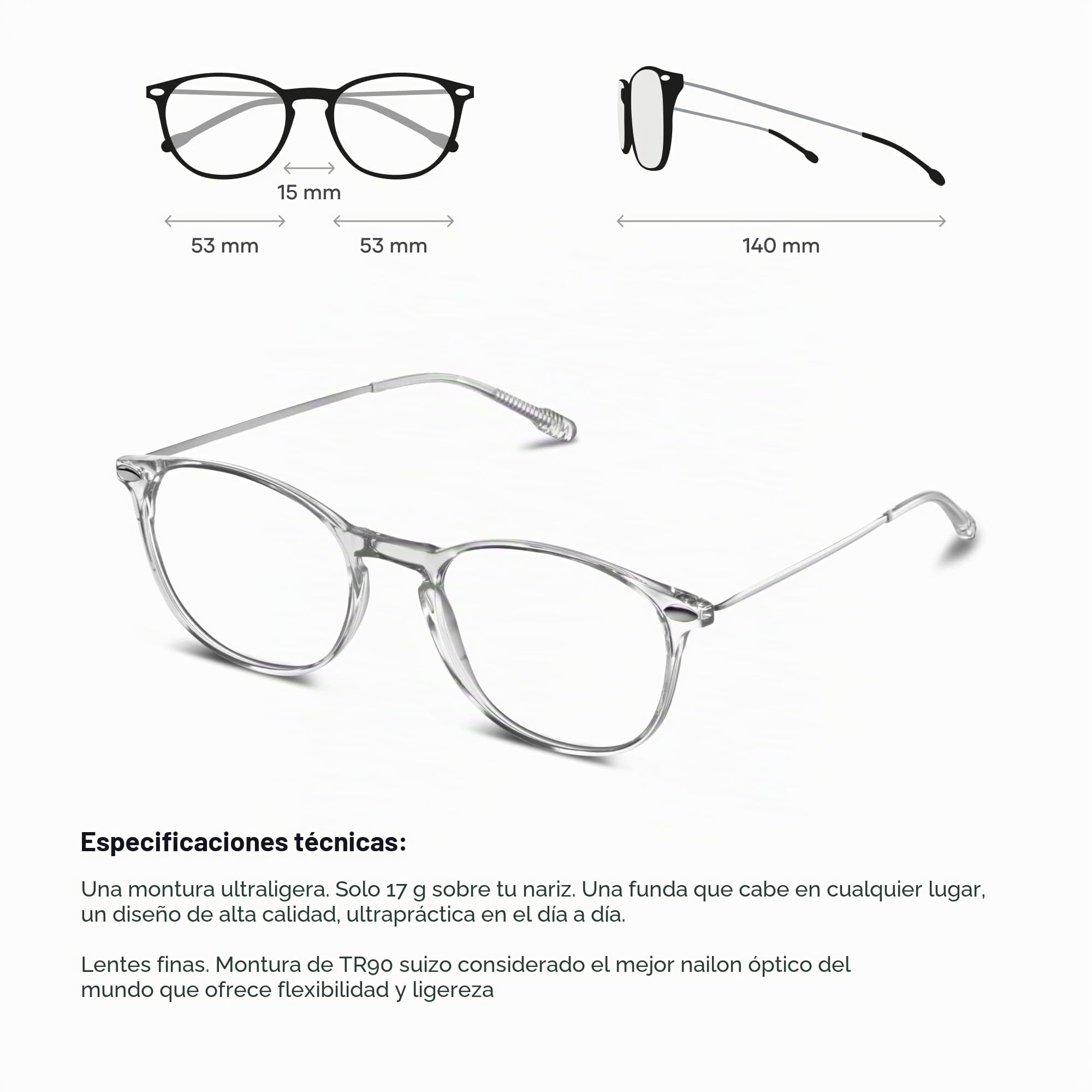 Nooz Optics Gafas de Lectura graduadas Essential Alba - Gafas Presbicia Para Hombre y Mujer - Montura de Nylon Ultraligera - Estuche Ultracompacto - Ovaladas