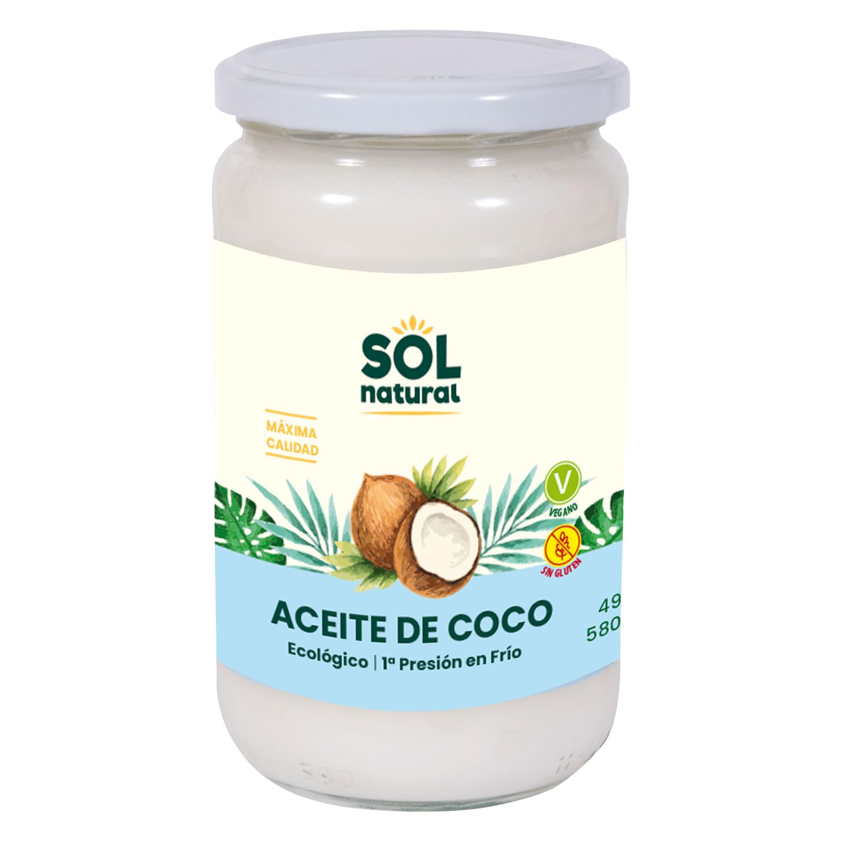Sol Natural - Aceite de coco virgen extra ecológico - Uso alimentario y cosmético (piel y cabello) - Alto contenido en ácido láurico - 580 ml