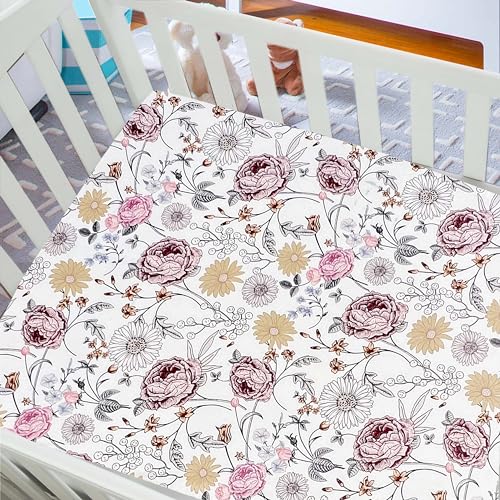 Image of AMROSE 2 Pack Microfleece Crib Sheets, 28'' X 52'' Flannel Fleece Crib Fitted Sheets for Crib and Toddler Mattress Pad, Soft Comfy Warm Crib Sheets for Girls, Floral