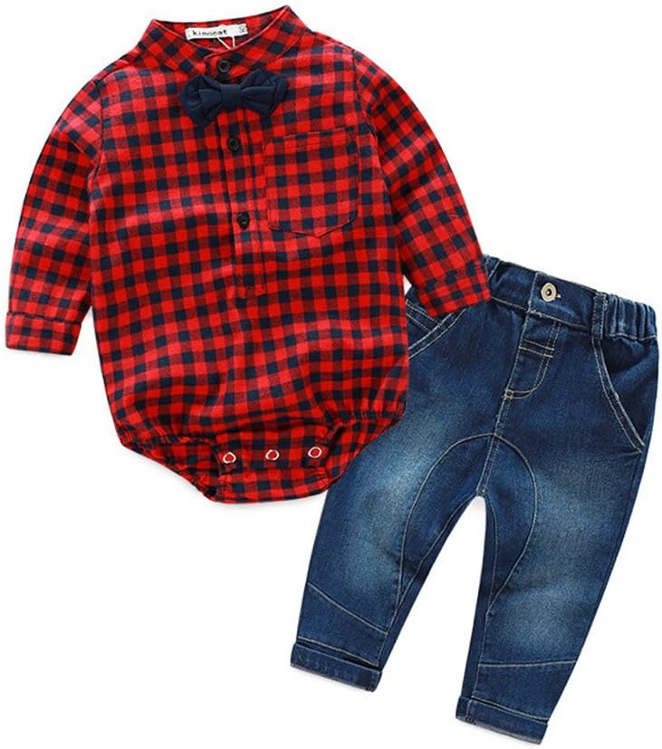 Kimocat Baby Boys Gentleman Bowtie Plaid Button Shirt Toddlers Denim Pants Outfit Set