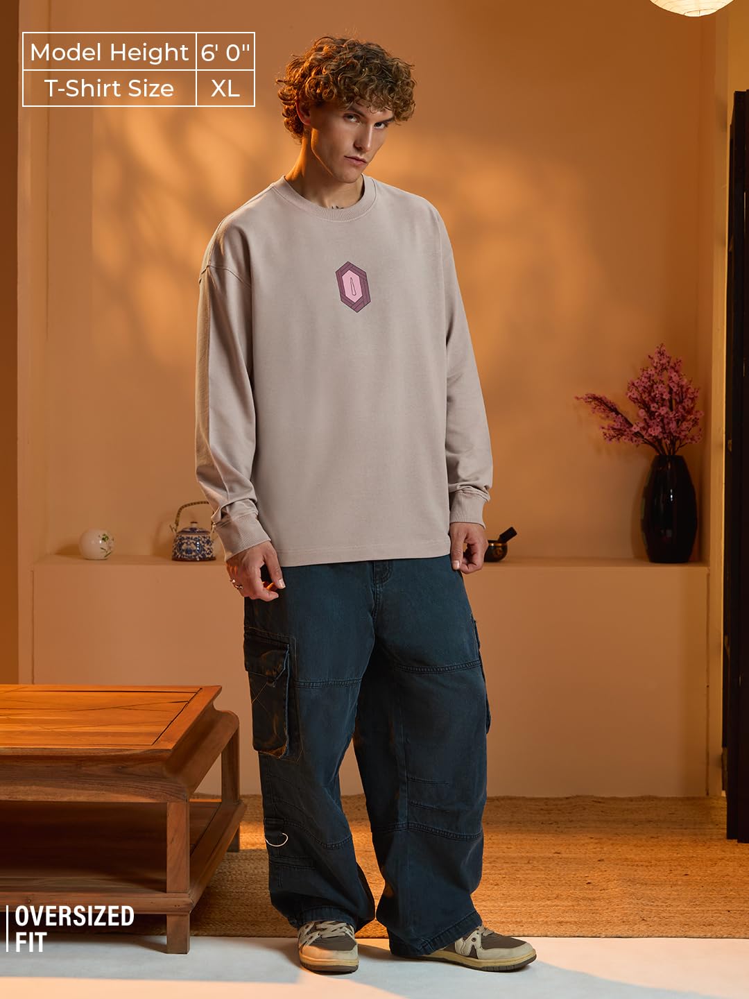 The Souled Store Demon Slayer: Giyu - Camiseta de cuello redondo para hombre y hombre, color beige, estampado en algodón ligero, para todas las estaciones, manga completa, talla XL