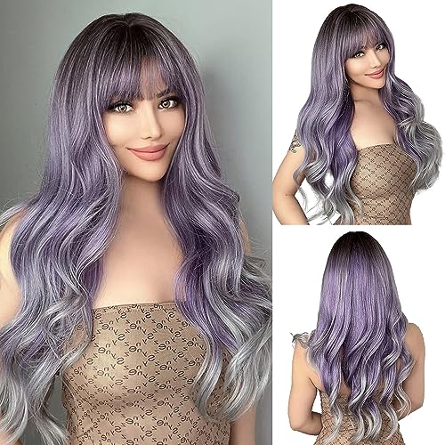 OUFEI Long Ombre Purple Wig With Bangs Natural Wavy Wigs for Women Natural Synthetic Hair Heat Resistant Wigs for Daily Party Cosplay Wear