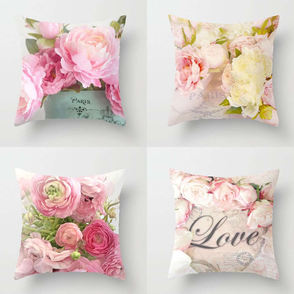 4pcs Ink Oil Painting Throw Pillow Covers, Colorful Flower Floral Decorative Pillow case for Flower Lover, 18 X 18 in Oil Painting Square Home Decorative Cushion Cover for Sofa and Living Room (C6)