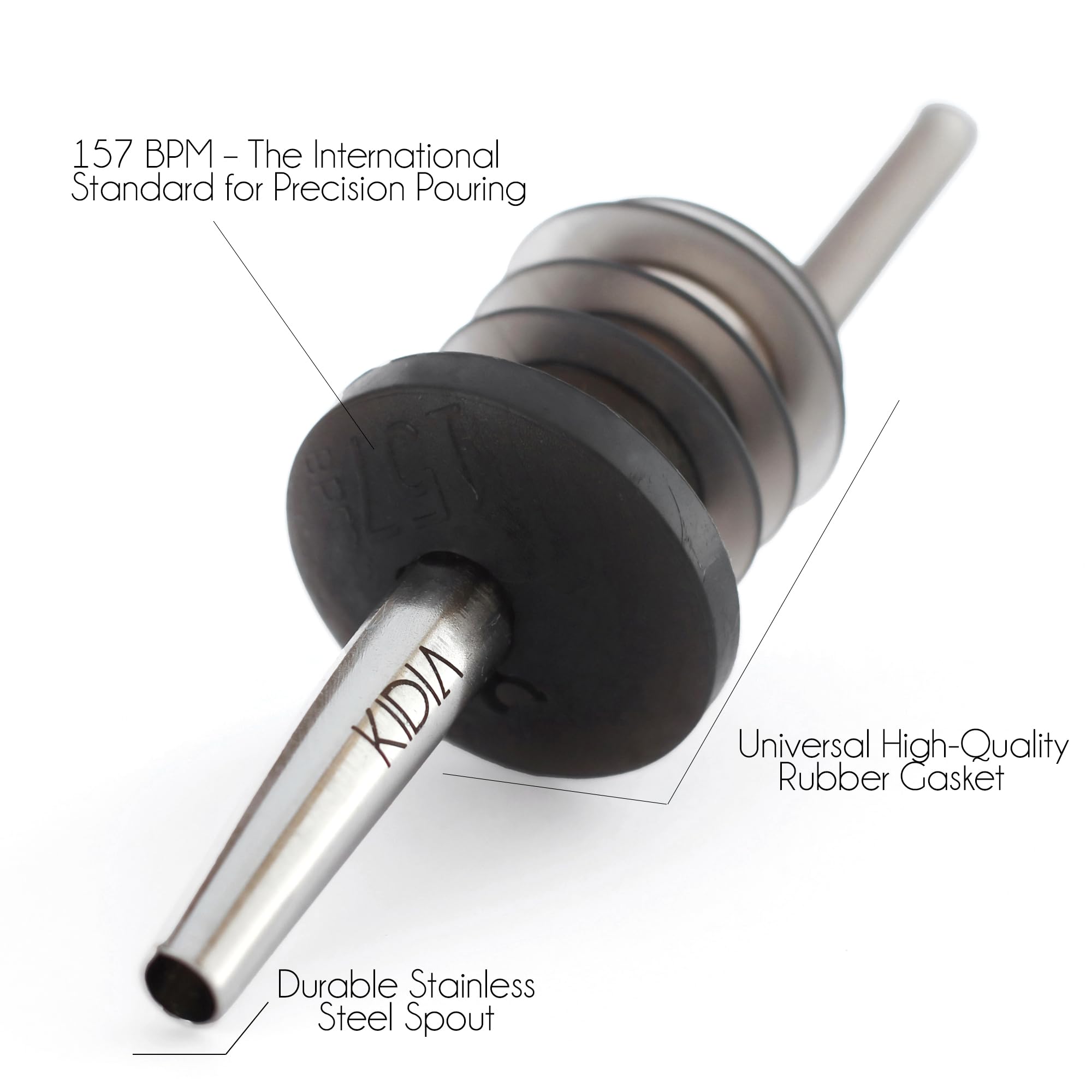 Kidia Metal Pour – Kit 10 Versatori Acciaio Inox - Tappi Universali con Guarnizione in Gomma, Flusso Calibrato 157 BPM, Lavabili in Lavastoviglie | Cocktail Set Barman/Bartender | (1, Classic)