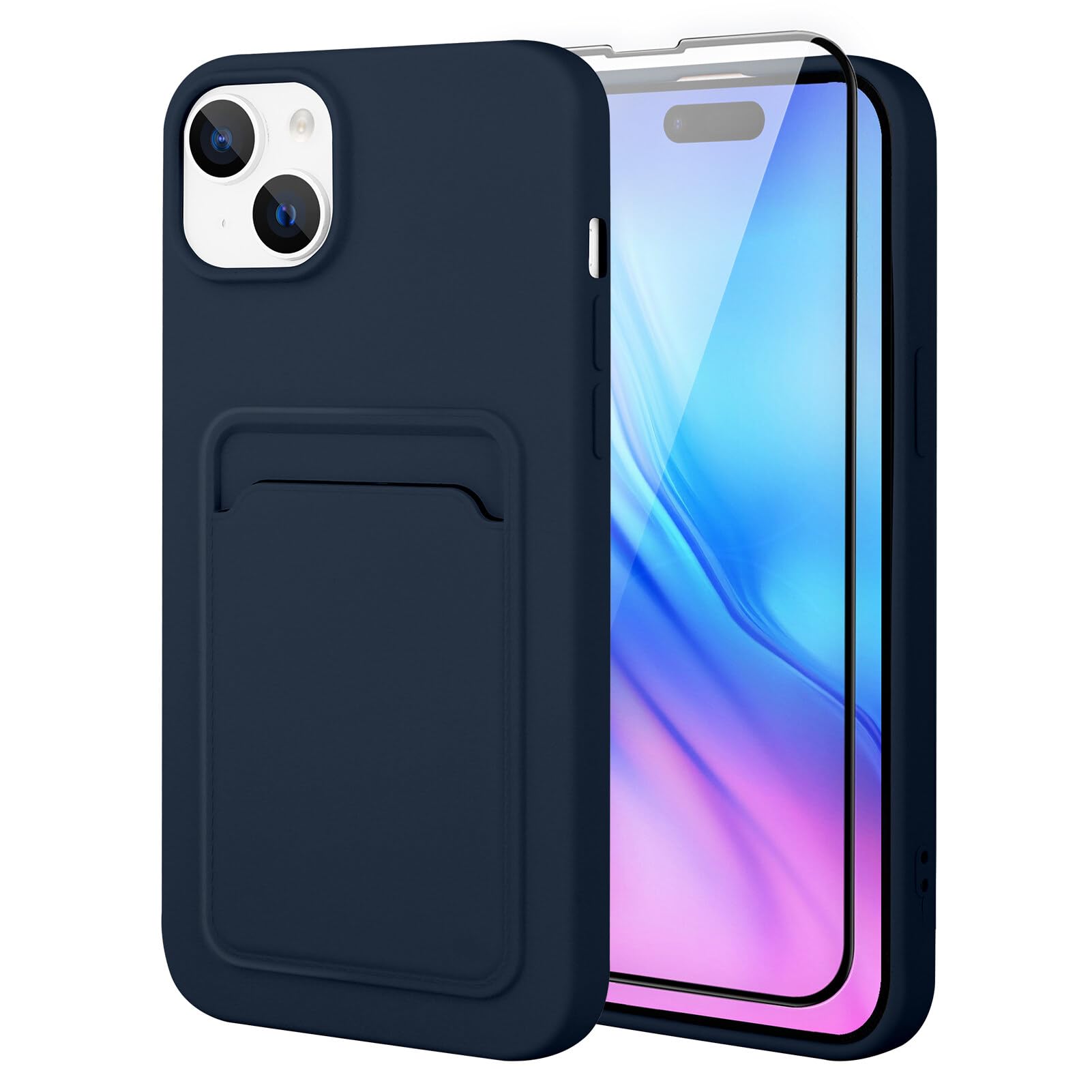 MZELQ Compatible with iPhone 15 Case TPU Card Holder Wallet Cover,Camera Protection + Screen Protector Soft Card Slot Phone Case -Blue