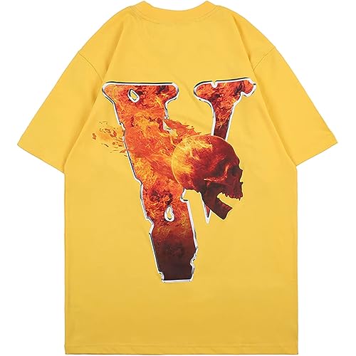 NAGRI V Letter Print T-Shirts for Men Crewneck Short-Sleeve Tees Hip Hop Vintage Graphic T Shirt