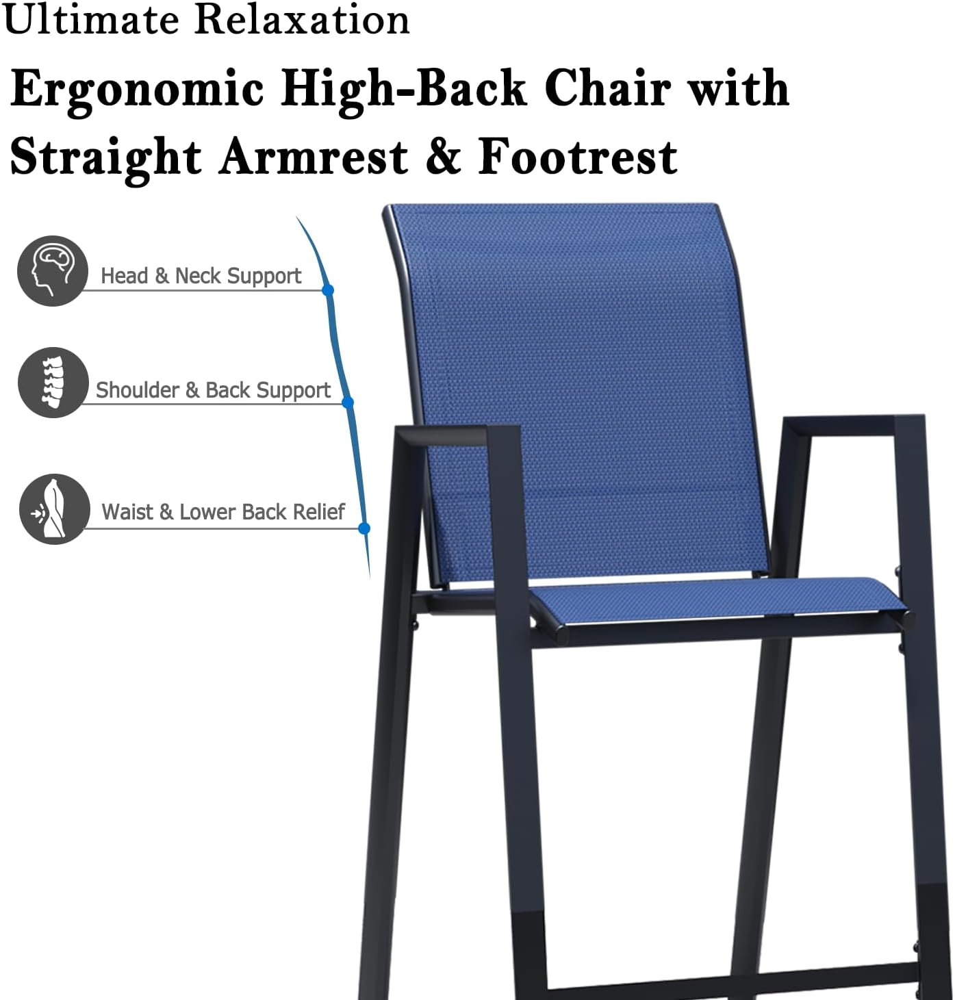 Outdoor Bar Stools Set of 2, Bar Height Patio Chairs with High Back & Armrest, All-Weather Bar Height Furniture for Balcony, Counter and Pool, Blue