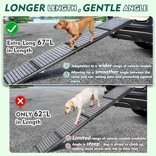 Extra-Long-67-Foldable-Dog-Ramps-Large-Dogs-Dog-Car-Ramp-with-Non-Slip-Rug-Surface-Pet-Ramp-Stairs-Portable-Lightweight-Dog-Steps-for-Medium-Large-Dogs-Up-to-220LBS-Get-Into-a-Car-SUV-Truck Extra Long 67 Foldable Dog Ramps Large Dogs Dog Car Ramp with Non Slip Rug Surface Pet Ramp Stairs Portable Lightweight Dog Steps for Medium Large Dogs Up to 220LBS Get Into a Car SUV Truck