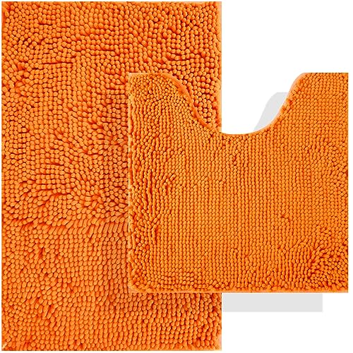 Image of BOANKODU Bath Mat Sets 2 Piece, Soft Chenille Absorbent Non-Slip Mat, 32x20 U Shape + 20x20 Inch; Machine Washable (Orange)