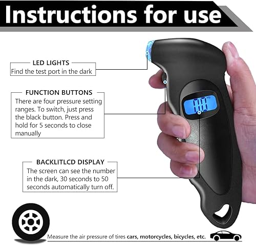 Miniatura 3 de Kewucn 2 medidores digitales de presión de neumáticos, 150 PSI, 4 ajustes para auto, camión, bicicleta, herramienta precisa de presión de neumáticos