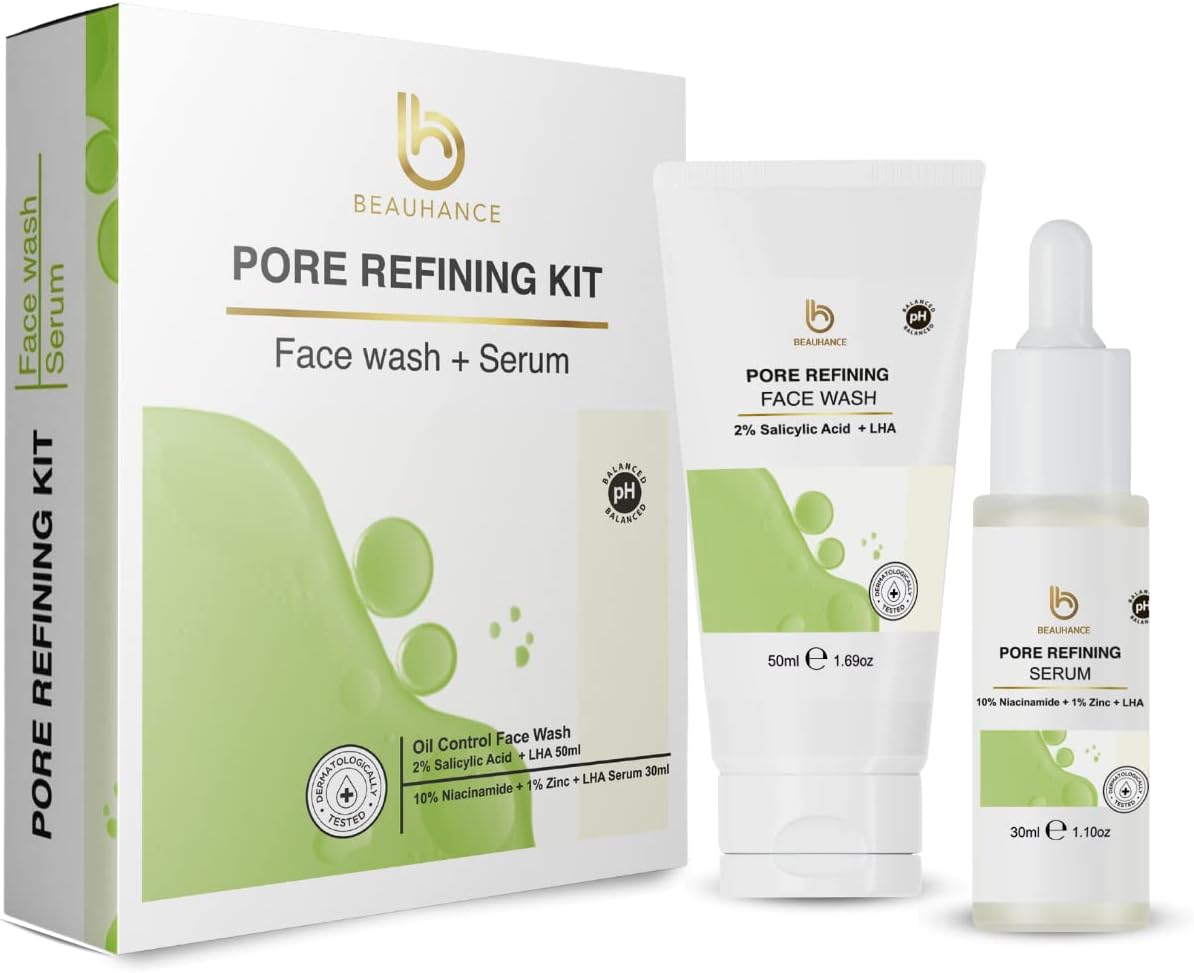 Beauhance 10% Niacinamide Face Serum with 1% Zinc, LHA + Oil Control Face Wash - Pore Refining Kit for Dark spots Acne Marks Open Pores Anti Acne Oil Balancing For Men and Women 30+50ml