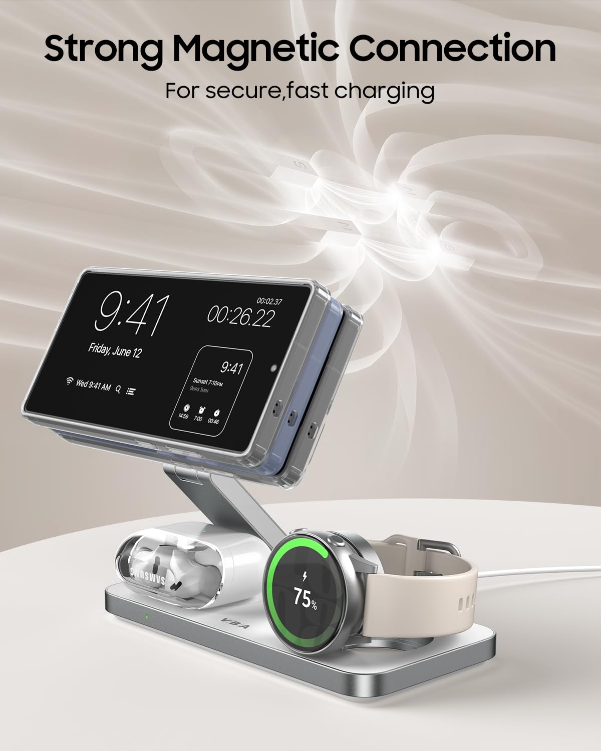 Caricabatterie wireless magnetico 3 in 1 per Samsung Galaxy, stazione di ricarica rapida pieghevole per MagSafe Samsung Galaxy S26 Ultra S25 S24 Z Fold Flip 8 Watch 8 7 Buds 4 3 Pro, non per Samsung