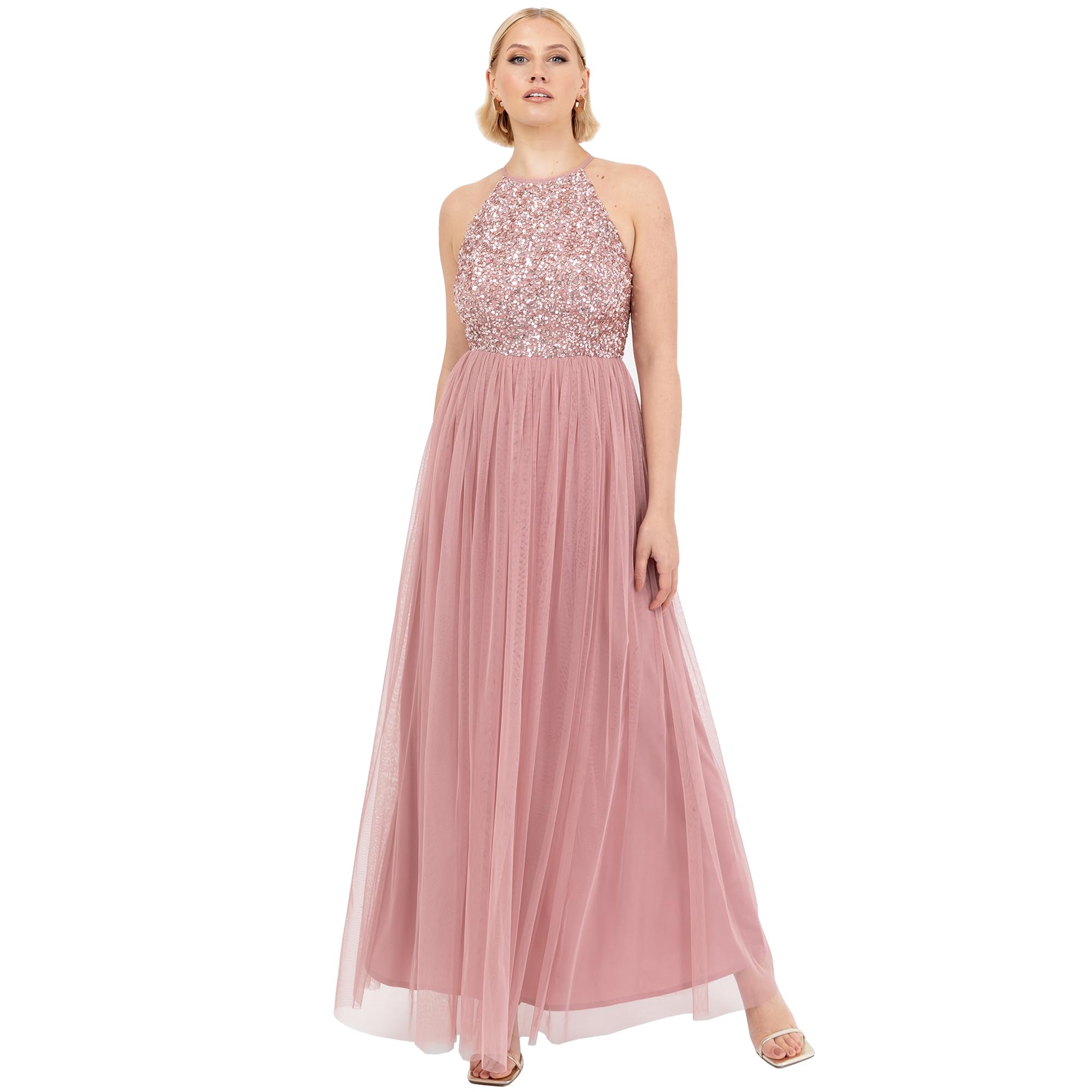 Abendkleid Pailletten Cocktailkleid Damen Tüllkleid Kleid Nackenband Abendkleid Elegant für Hochzeit Brautjungfernkleid