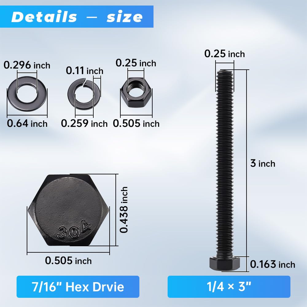 Glvaner 1/4-20 x 3 (10 Sets) Stainless Steel Hex Head Screws Bolts, Nuts, Flat & Lock Washers, 18-8 (304) Stainless Steel Bolts and Nuts Set, Full Thread, Black Coated