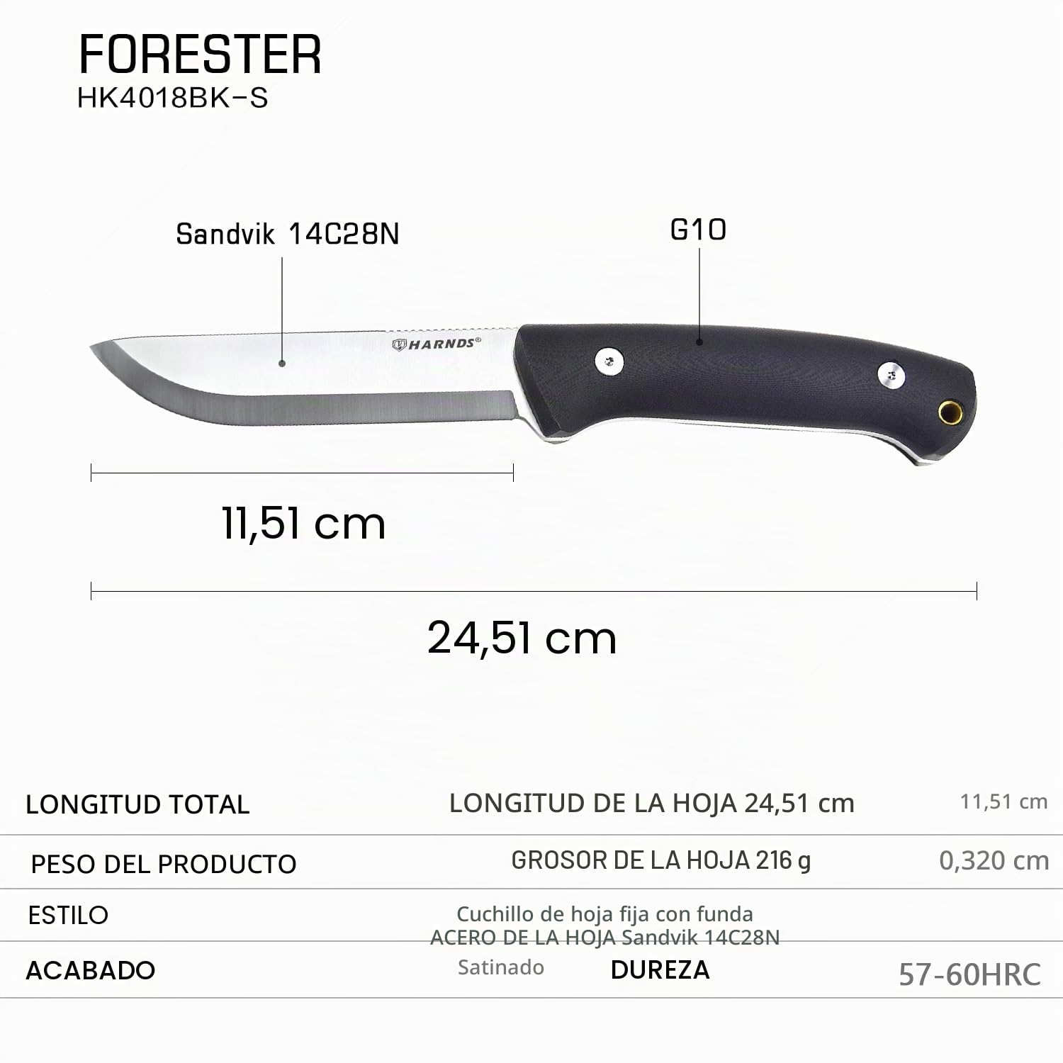 Harnds Forester Full Tang Cuchillo Fijo con Sandvik 14C28N Hoja Bushcraft al Aire Libre Caza Supervivencia (Mango G10 + Funda Kydex)