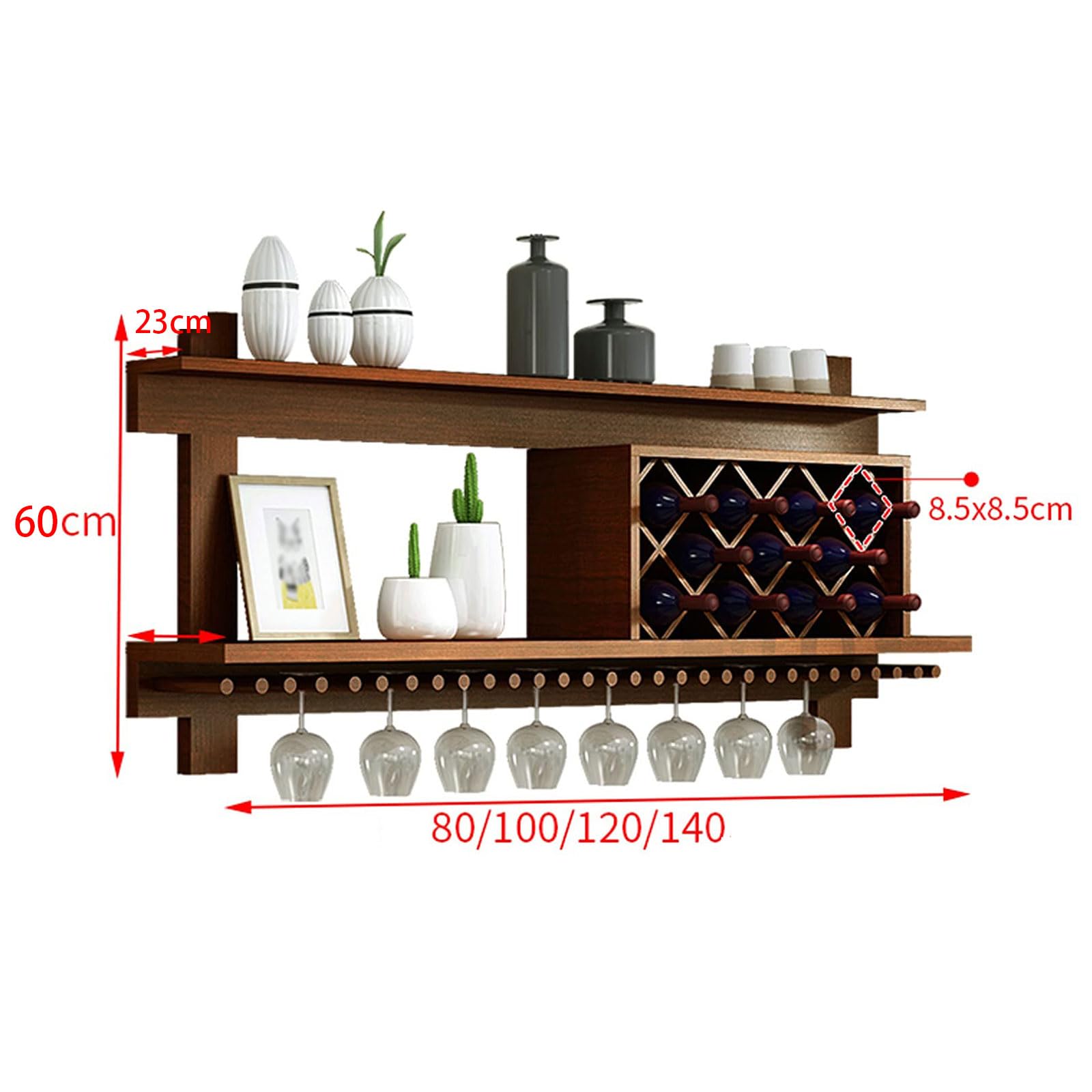 Estante de Pared para Botellas de Vino con Capacidad para 4-10 Botellas y Soportes para Copas, Estante de 80-140 cm para Accesorios de Bar, Estante Expositor para Bebidas y Vino para el hogar