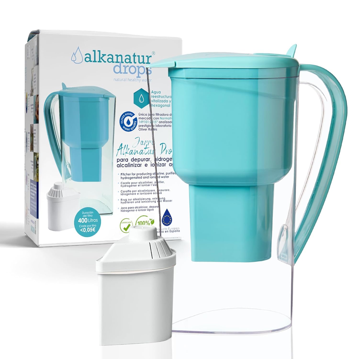 Turquoise Water Filter Jug + 1 Original Filter Included | Gravity Filtration with Activated Carbon | Reduces Chlorine & Impurities | Enhances Taste & Increases pH