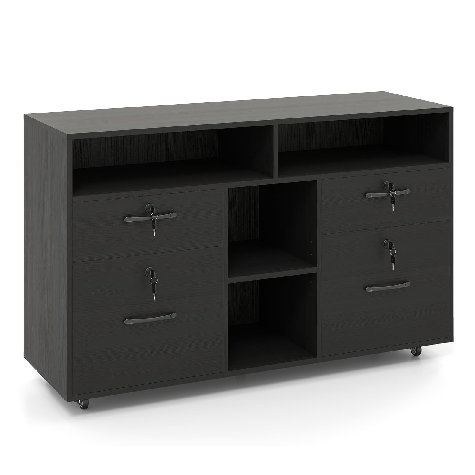 GIANTEX Cassetto da scrivania mobile con 4 cassetti chiusi con 8 chiavi, 4 ripiani aperti, ripiano centrale regolabile, armadio con raccoglitori su ruote per documenti A4, formato lettera (nero)