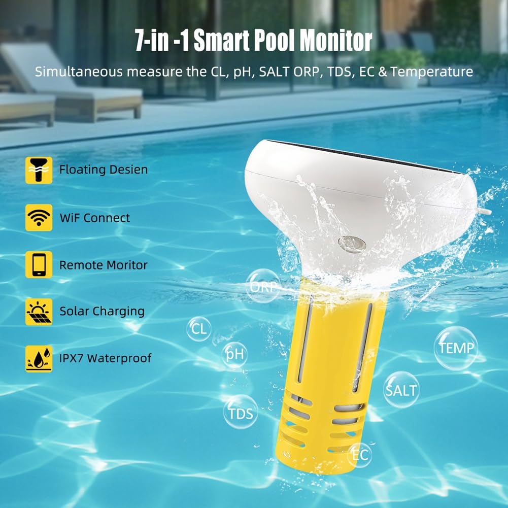 7 in 1 Tuya ZigBee USB+Solar Wasserqualitätsprüfer PH/ORP/EC/TDS/Temp/Chlor/Menge für Pool