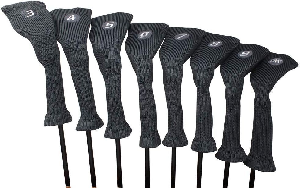 Majek All Hybrid Golf Club Gray Headcover Set 3-PW. Neoprene Acrylic Head Covers 3 4 5 6 7 8 9 PW