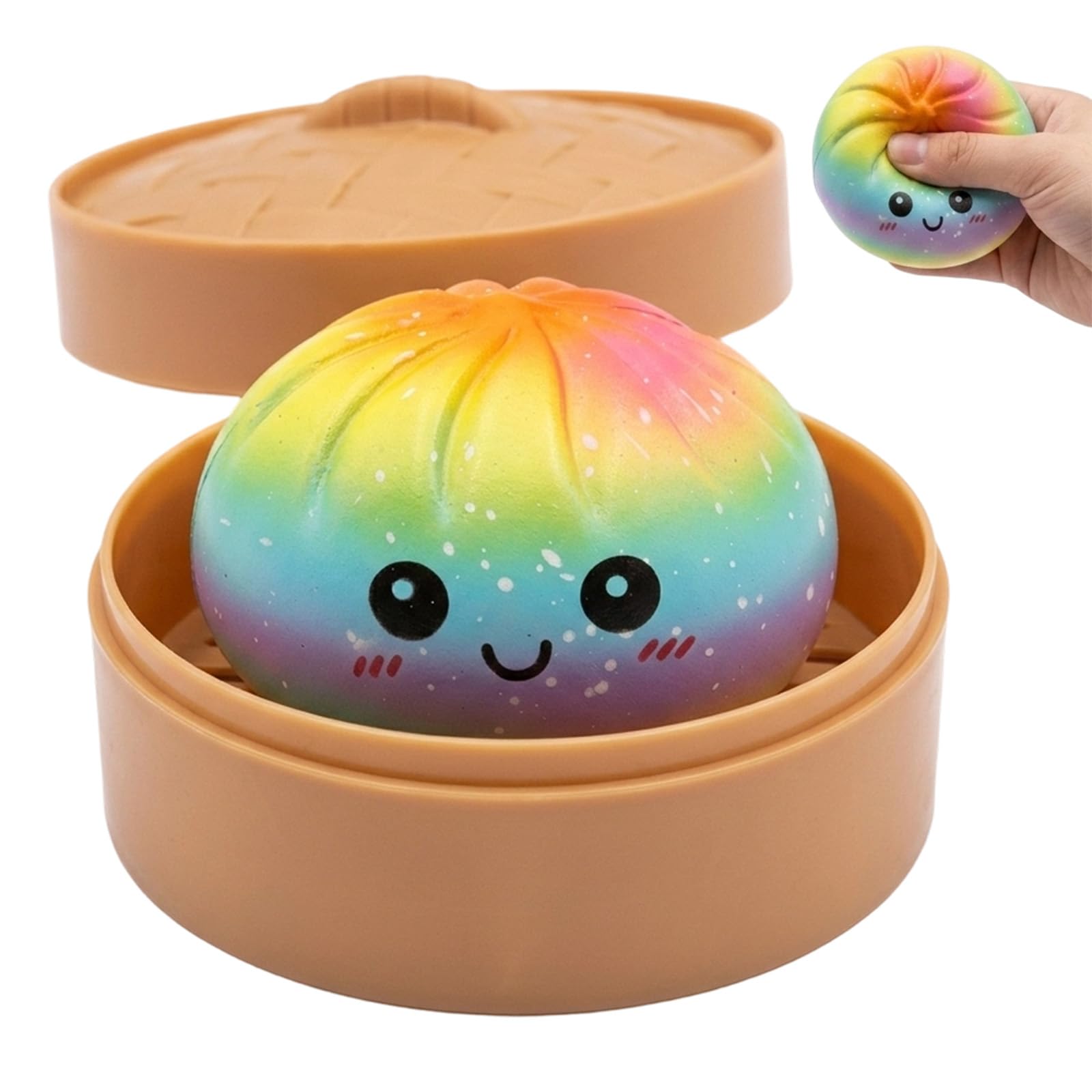 Dumpling Squishy Desktop Ornament, Squishy Dumpling Desktop Ornament, Desktop Ornament for Office Breaks and Travel, Rainbow Speckled Dumplings with Steamer, 10cm Steamer+8.5cm Glitter Dumplings