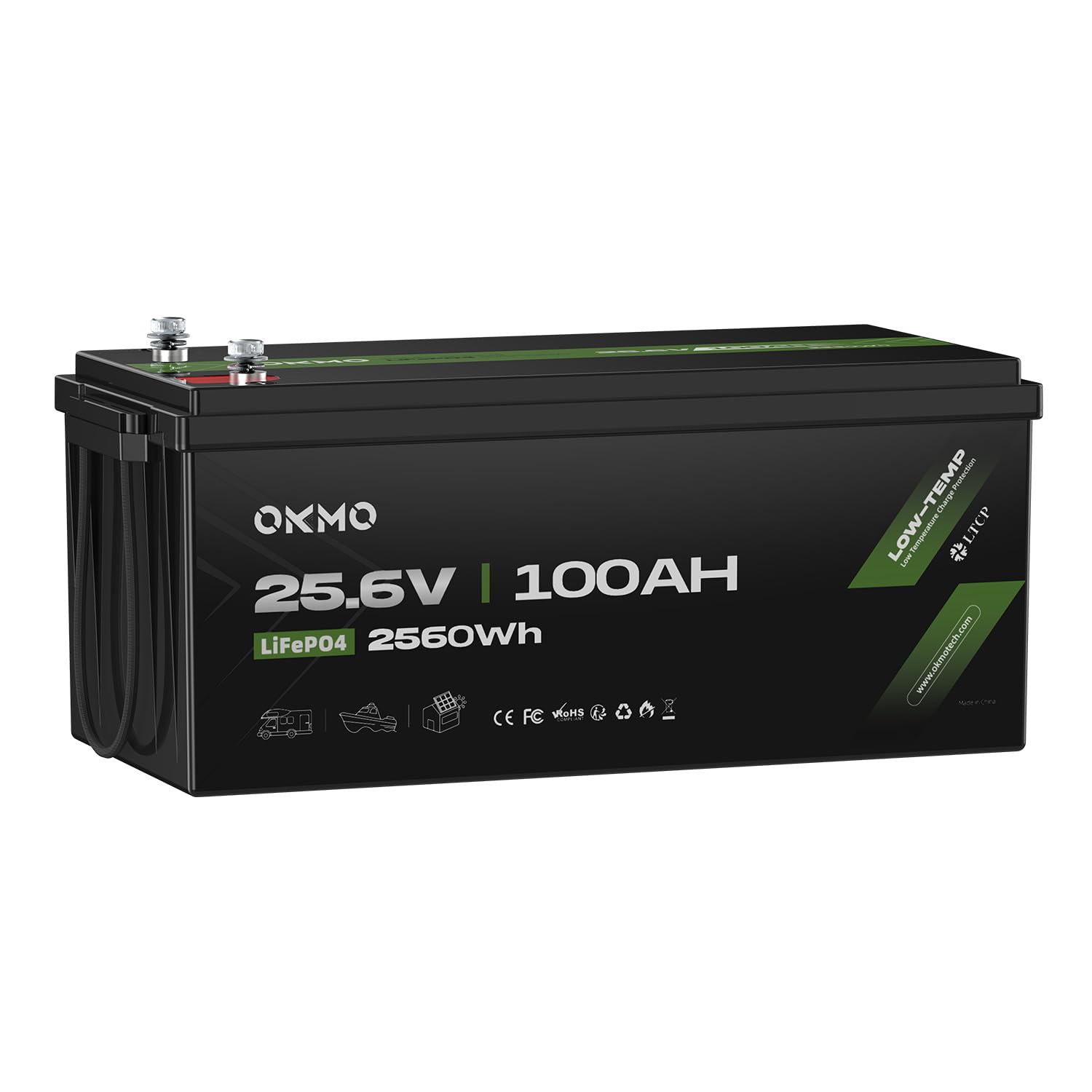 OKMO 24V 100Ah LiFePO4 Lithium Battery for Marine, Trolling Motor, RV, with Low Temperature Protection, 10 Years 15000+ Deep Cycles, 25.6V Iron Phosphate for Home Solar Energy Storage Off-Grid