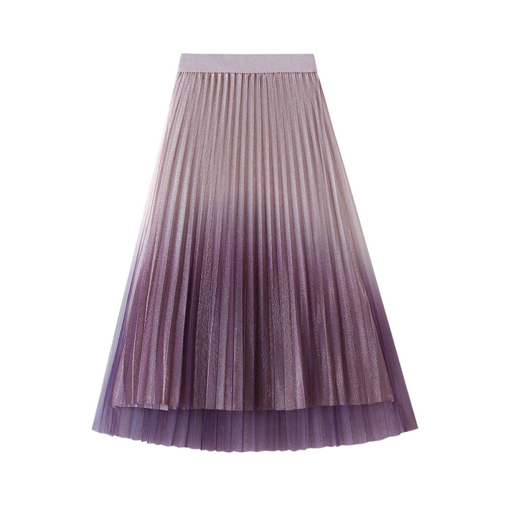 Röcke,Damen Midirock Lila Farbverlauf Elastische Hohe Taille Glitzernder Plissee Tüllrock Mode A-Linie Swing Geraffte Geschichtete Elegante Lange Röcke Für Mädchen Damen,L
