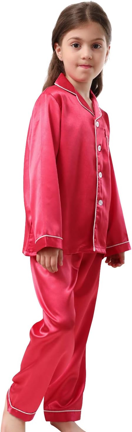 Pajamas Kid Unisex Pjs Set Girls Boys Silk Pajamas Set Satin Long Sleeve 2 Piece Clasic Sleepwear for 2-12 Years Todder - Image 2