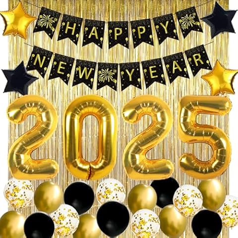 JOJO FLY New Years Eve Party Decorations Kit, Gold 2025 Balloons, Happy New Year Banner, Gold Foil Curtain, Black and Gold Balloons Set, New Years Eve Party Supplies 2025 Cover