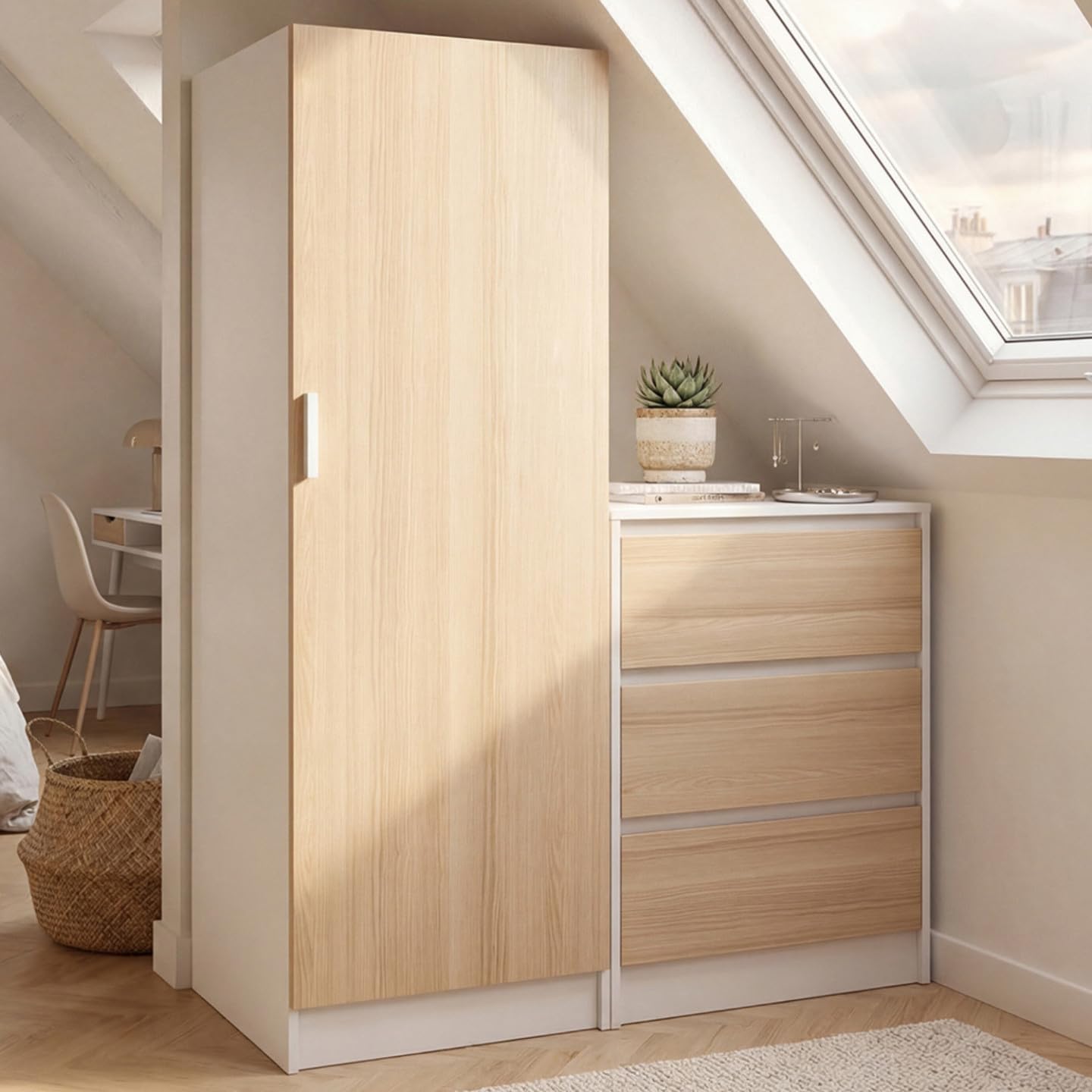 IDMarket 1-türiger Kleiderschrank Ambre mit Kommode 3 Schubladen 100 cm Buche Weiß