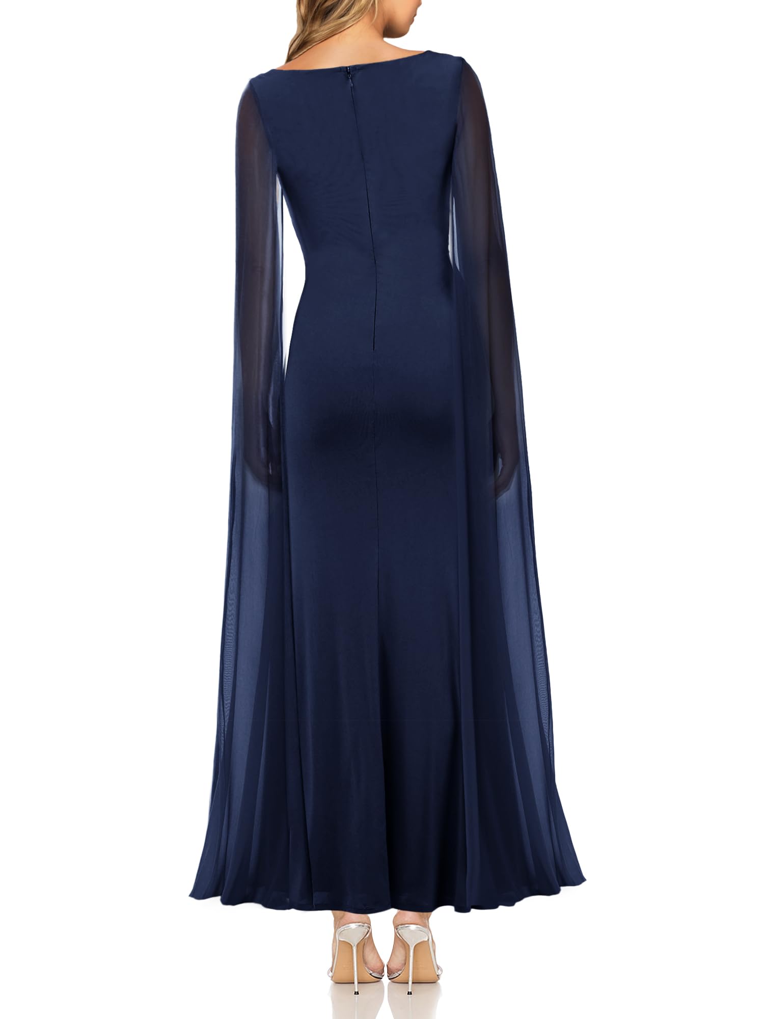 MAYFASEY Vestido formal con cuello en V para mujer, de malla, fruncido, para cóctel, fiesta de noche, graduación, vestido largo con capa