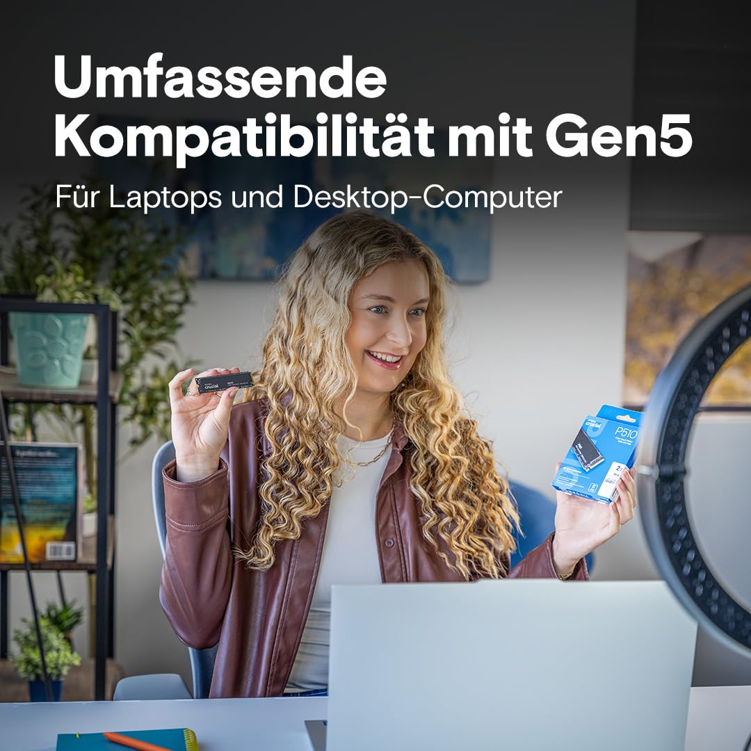 Crucial P510 SSD 1TB M.2 NVMe PCIe 5.0 x4 Gen5, bis zu 11.000 MB/s Lesen, 9.500 MB/s Schreiben, für Laptop und Desktop PC, TLC NAND, Interne Festplatte - CT1000P510SSD8-01