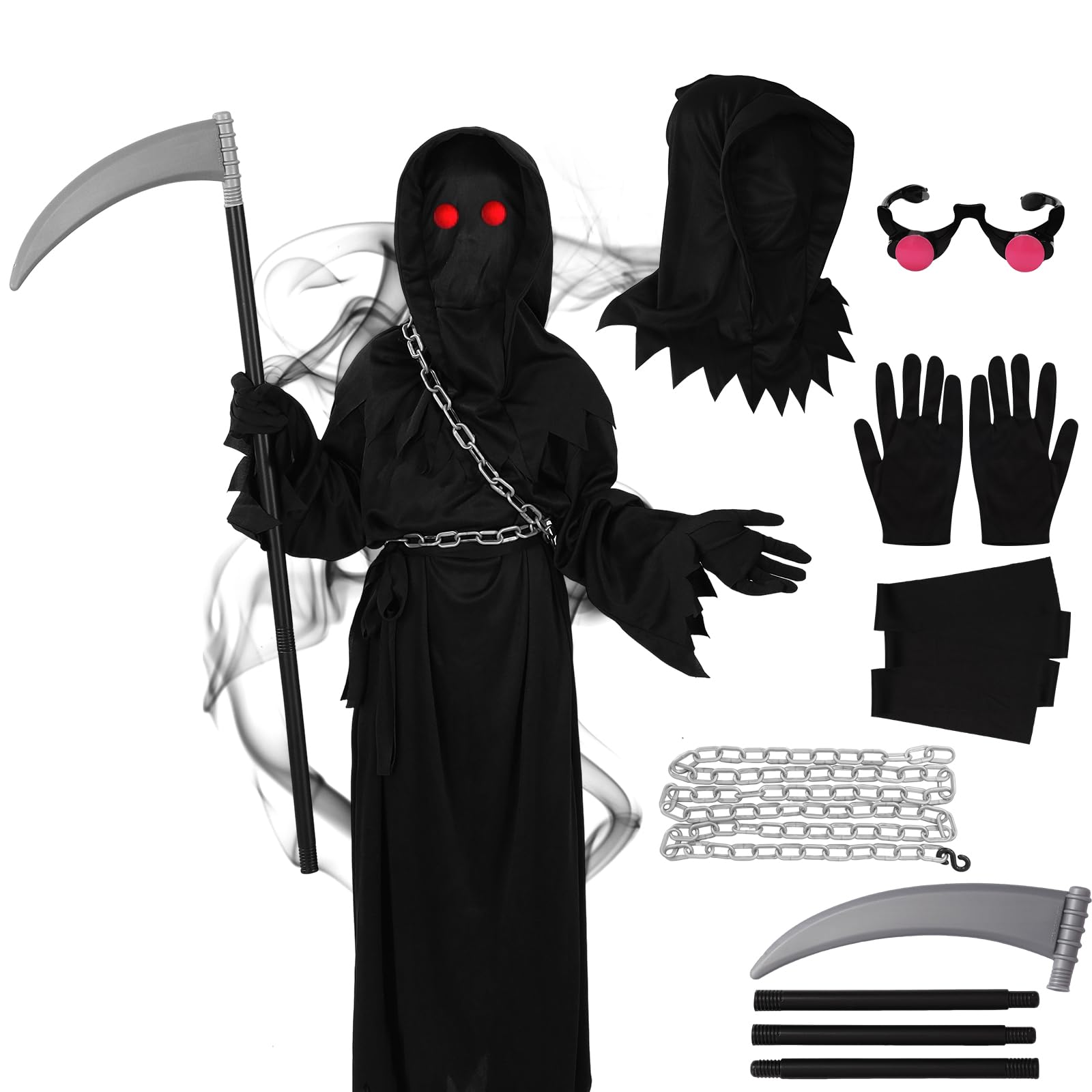 ARDFFA Grim Reaper Costume 7PCS Set, Halloween Reaper Outfit Set with Glasses, Robe, Scythe, Belt, Gloves, Chain for Scary Party, Cosplay & Halloween Events, L