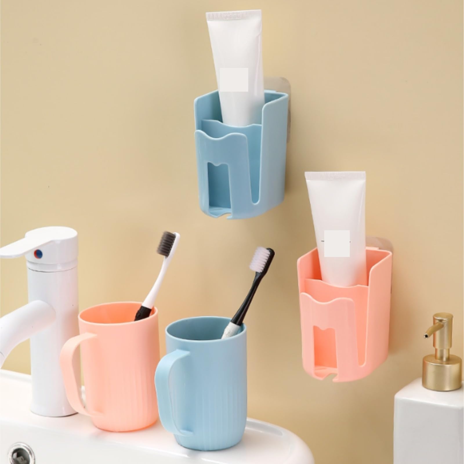 Bagno Porta Portaspazzolino da Bagno Parete con Bicchiere for Spazzolino Senza Foratura Spazzolino Accessori(Pink)