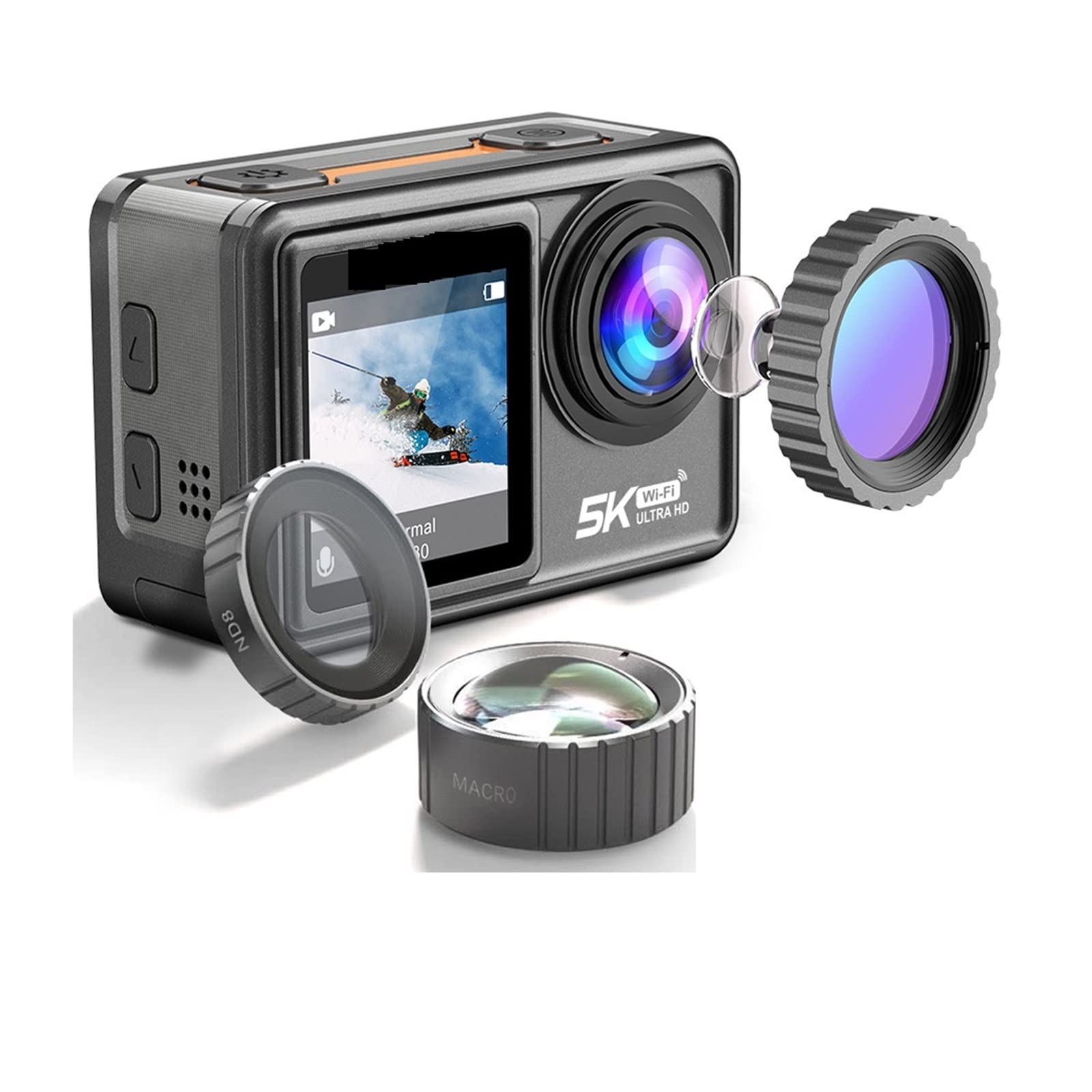 Action Cam, Action Camera Filtro rimovibile 6 Lens 5K 30FPS 4K 60FPS 48MP Dual Screen 2quot; Riprese video IPS EIS Diventa impermeabile Sports Cam Pro ,All'aperto, Sport, Video(Standard,5K Camera Only