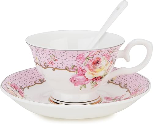 Miniatura 1 de Kitchenexus Taza de té de porcelana y platillo de cerámica vintage, elegante taza de té floral y platillo con cuchara a juego, taza de té británica,