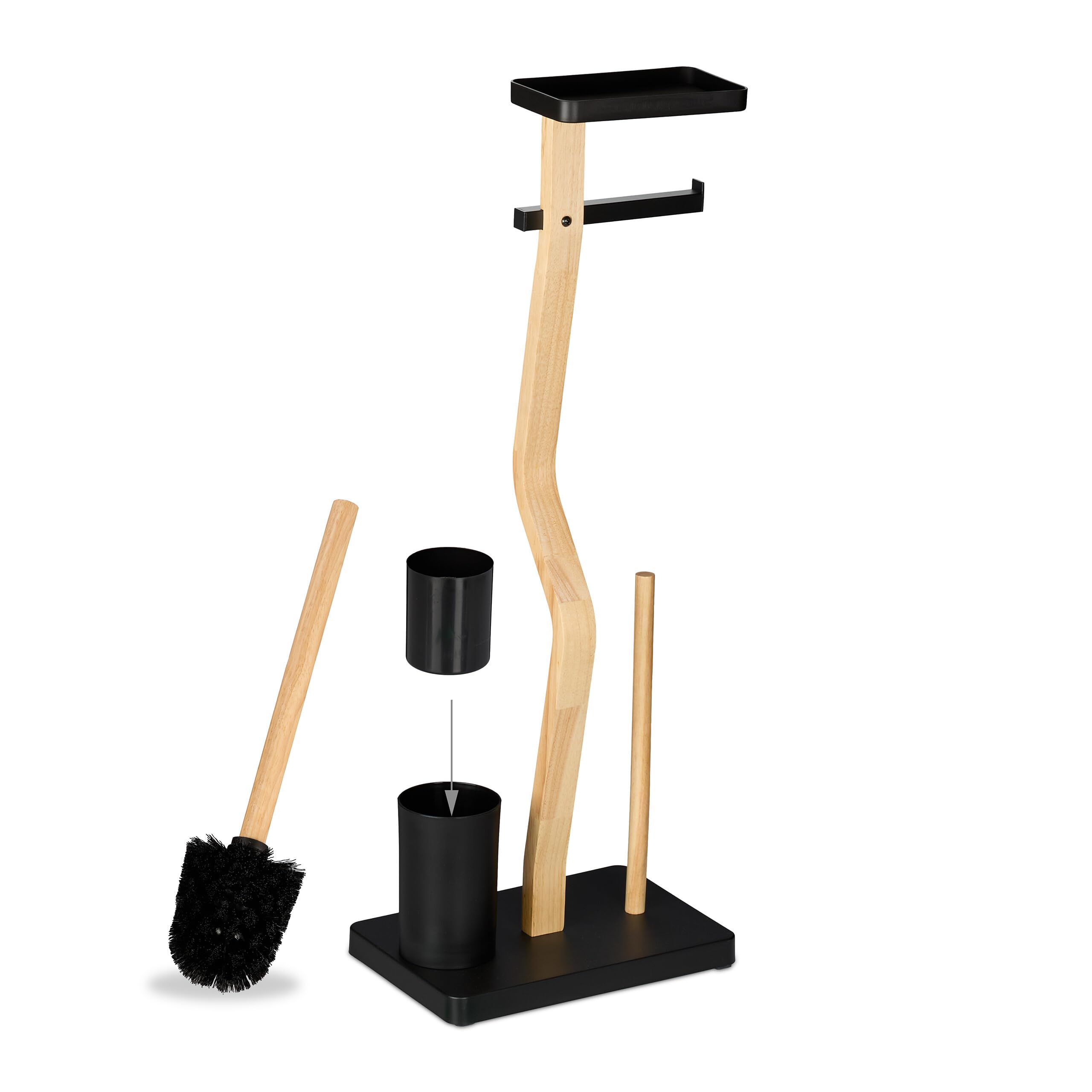 Relaxdays Serviteur WC Non Fixe, avec Support pour téléphone, H x L x P : 80 x 30 x 20 cm, Noir et Nature