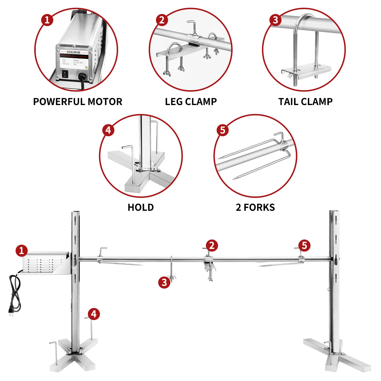 Rotisserie Grill Kit Stainless Steel Tripod Rotisserie Stand, 52inch Pig Lamb Hooded Roaster Charcoal Spit with 30W Motor & Adjustable Height Lockable Casters for Outdoor Camping Party, Rated 150 LB