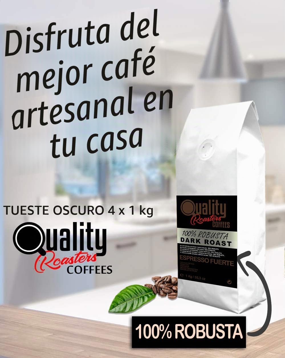 Café en grano natural "Espresso Fuerte". Dark Roast. 100% Robusta. Tostado artesanal. Tueste Oscuro. (4 Kg)