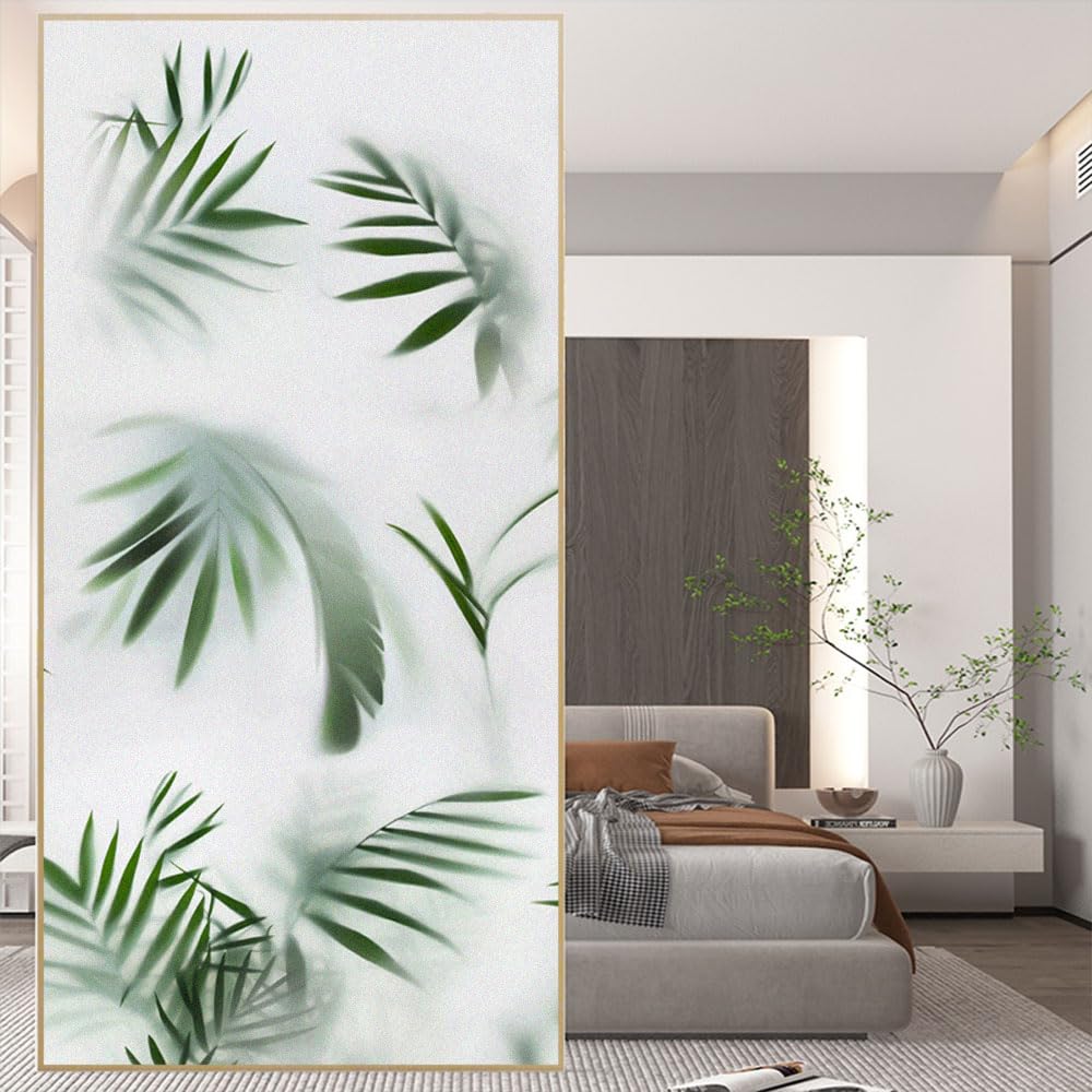 Static Electricity Frosted Privacy Window Film Anti UV Blocking Heat Control Window Sticker Foggy Green Leaves Glass Window Decoration W27.5 x H49.2（70x125cm） — image 1