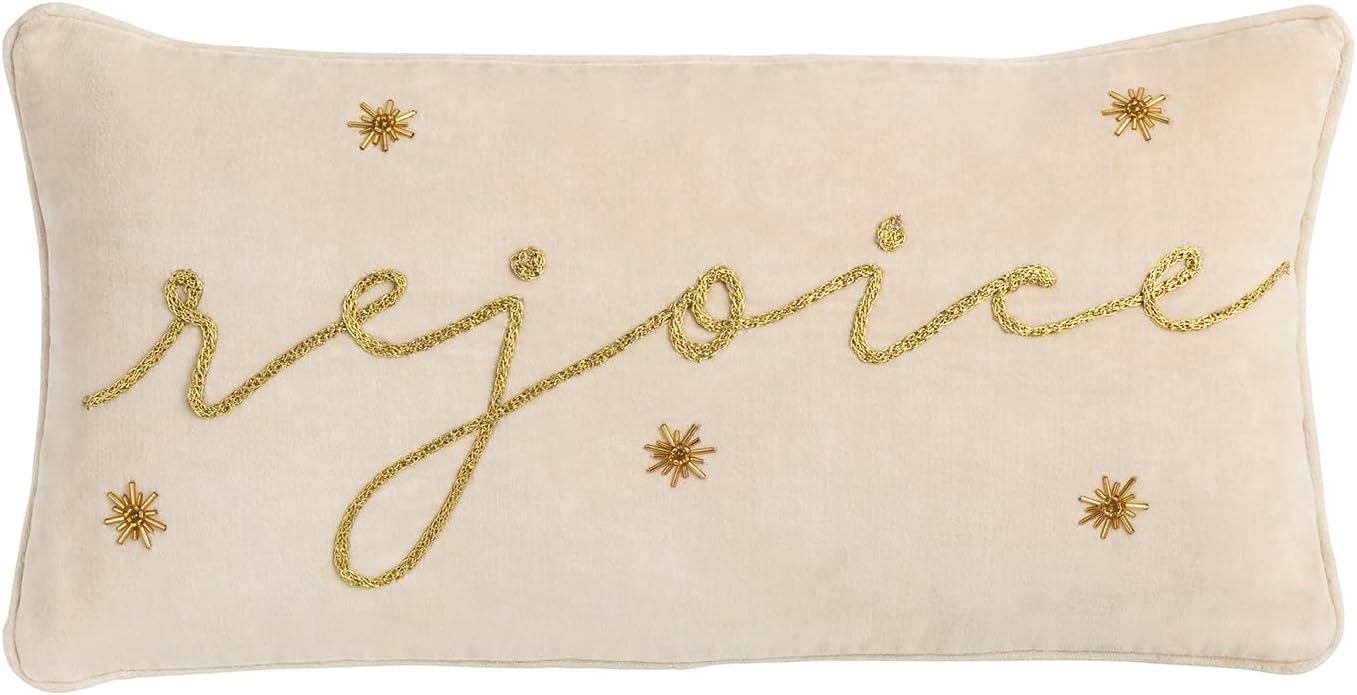 Mud Pie Christmas Rejoice Gold Pillow, 11" x 20", Beige/Khaki
