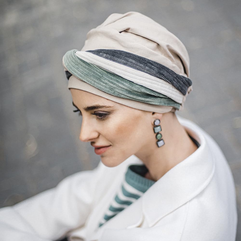 CAREBELL Turbante Elegance Velvet per chemioterapia. Tessuto in cotone. Alopecia e perdita di capelli, beige, Taglia unica