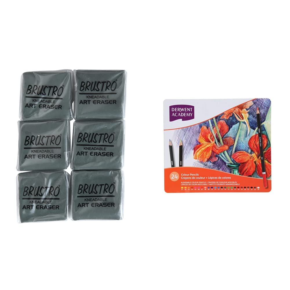 Brustro Kneadable Art Eraser (Pack of 6) & Derwent Academy Colouring Pencils Tin (Set of 24)