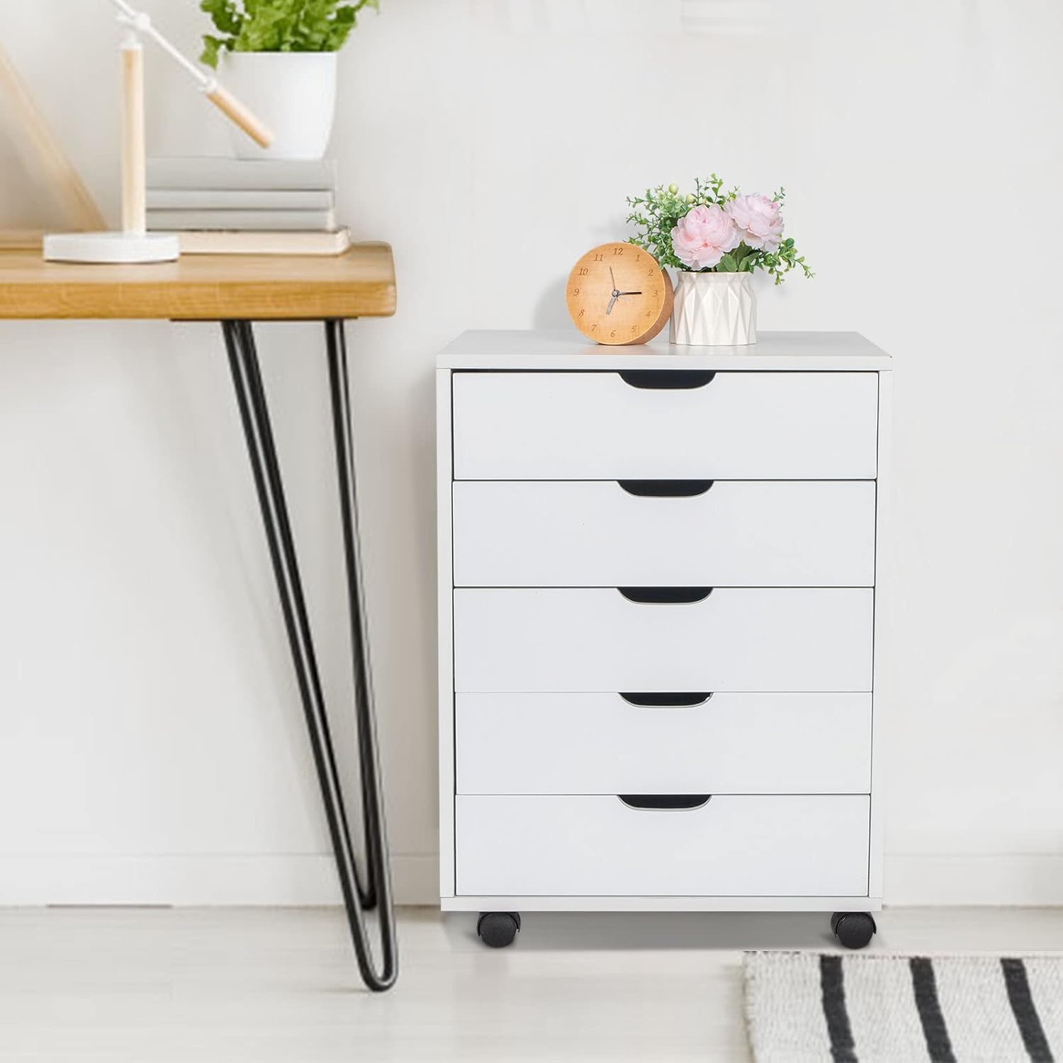 5 Drawers Wooden Mobile File Cabinet, Rolling Filing Cabinet with Lockable Wheels, Wood Storage Dresser Cabinet with Drawers, Vertical Home Office Cabinet Fits A4/Letter/Legal File Storage, White : Office Products