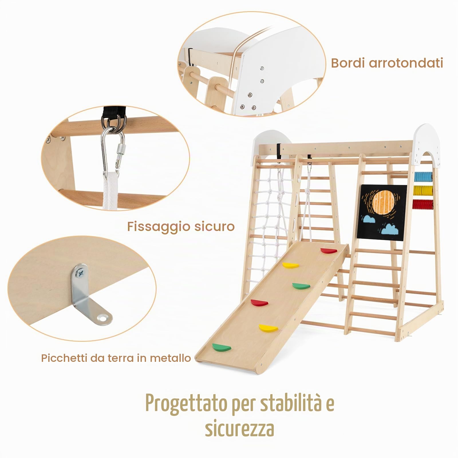 HOMASIS Struttura da Arrampicata in Legno da Interno, 7 in 1 Parco Giochi con Altalena, Scala, Rete da Arrampicata, Barre, Abaco e Lavagna, Palestra per Bambini dai 3+ Anni (Naturale)