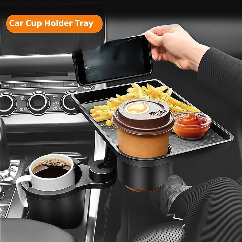 Auto Getränkehalter Tablett für Cupra Tavascan 2024-2026, Beifahrer Essen Tisch mit Tassenhalter, 360° Drehbarer Organizer KFZ Zubehör für Mittelkonsole Ablage,Black