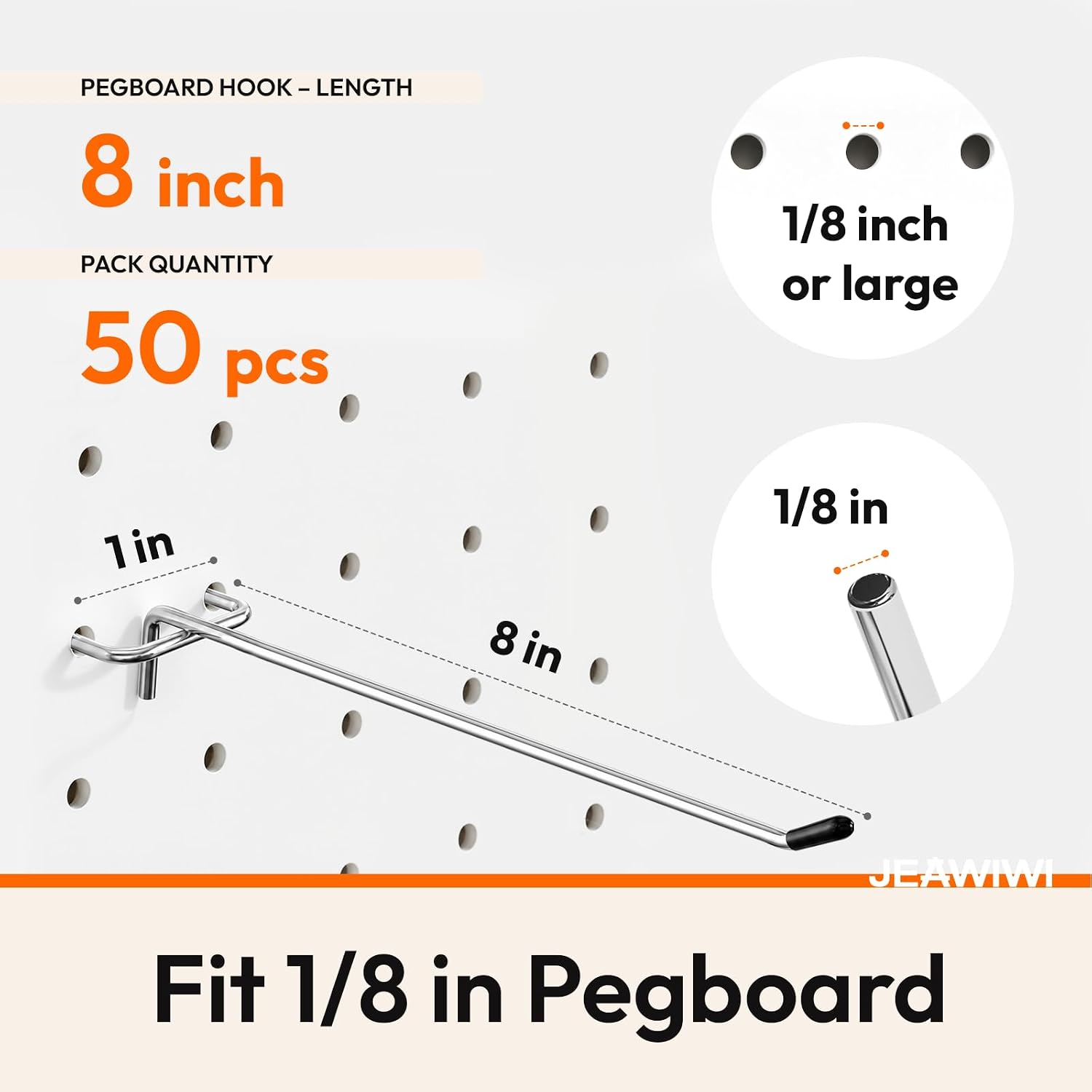 JEAWIWI 50 Pcs Metal Pegboard Hooks, 8 Inch, Fit 1/8 in Peg Board image 2