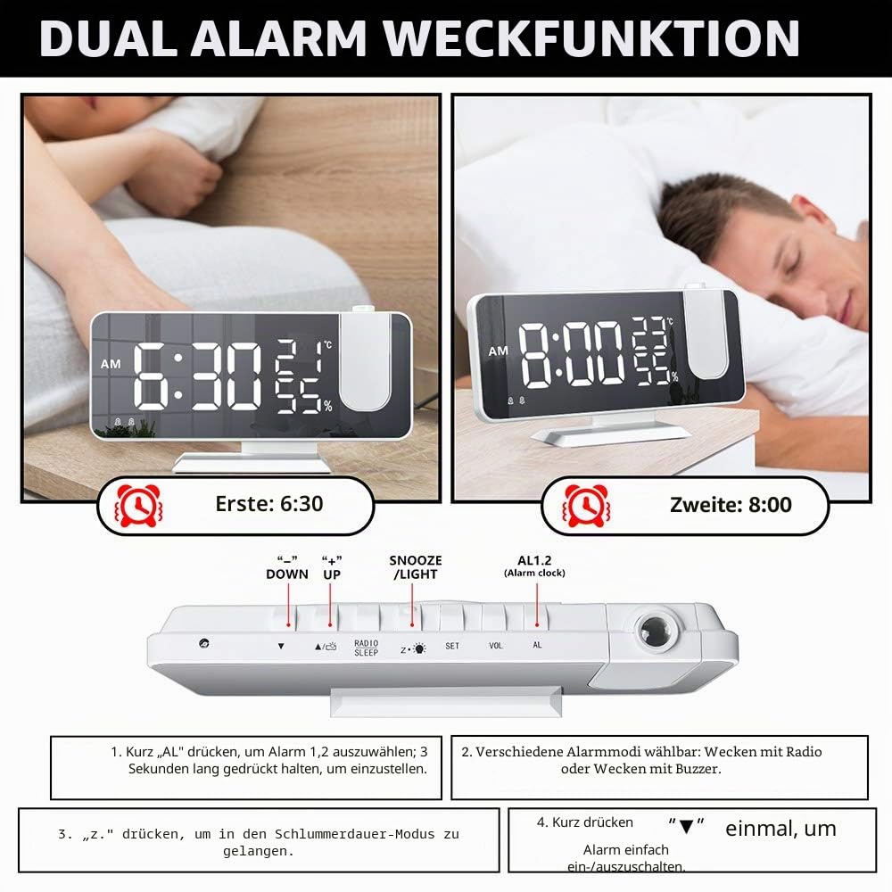 Projektionswecker, digitaler LED-Wecker mit Spiegelfläche, USB-Ladeanschluss, Wiederholung, Dual-Alarm, FM-Radio, 3 Dimmmodus, Luftfeuchtigkeit der Temperatur, Einstellung 12/24 Stunden