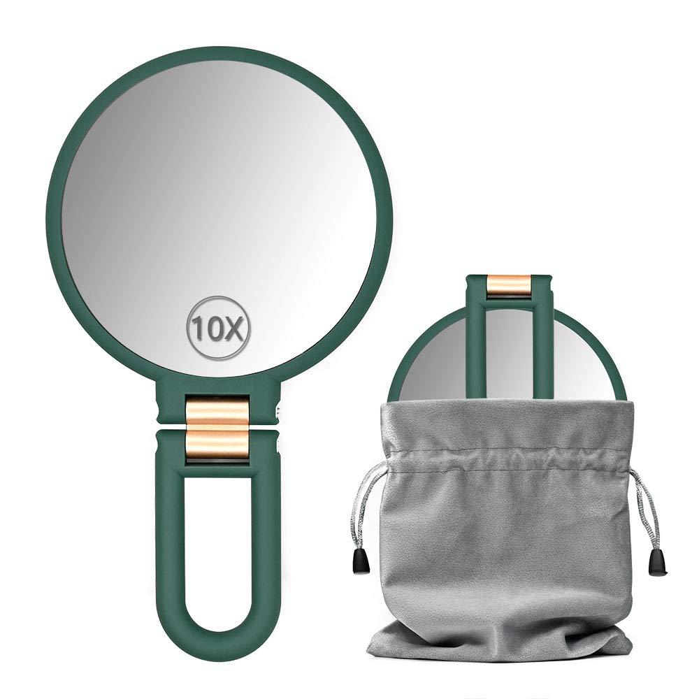 Dolovemk Espejo de mano de doble cara con mango de aumento de 10x, espejo de mano plegable ajustable, espejo de maquillaje de viaje portátil, aumento de 1/10x (verde oscuro)