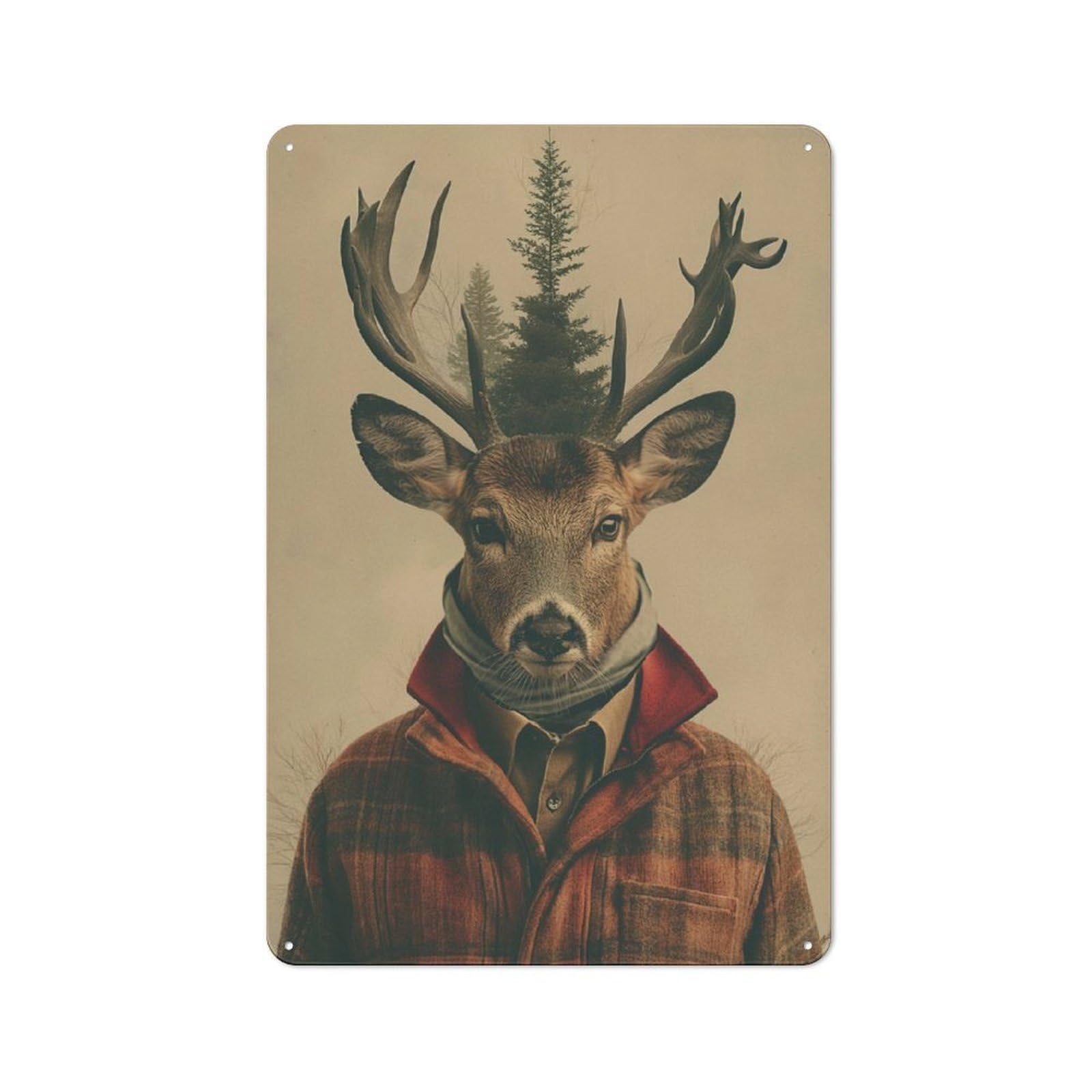 Junmoney Deer In A Plaid Jacket Retro Vintage Tin Sign 30X20cm, Retro Room Decor For Lounge, Study, Pub Or Wall Gallery